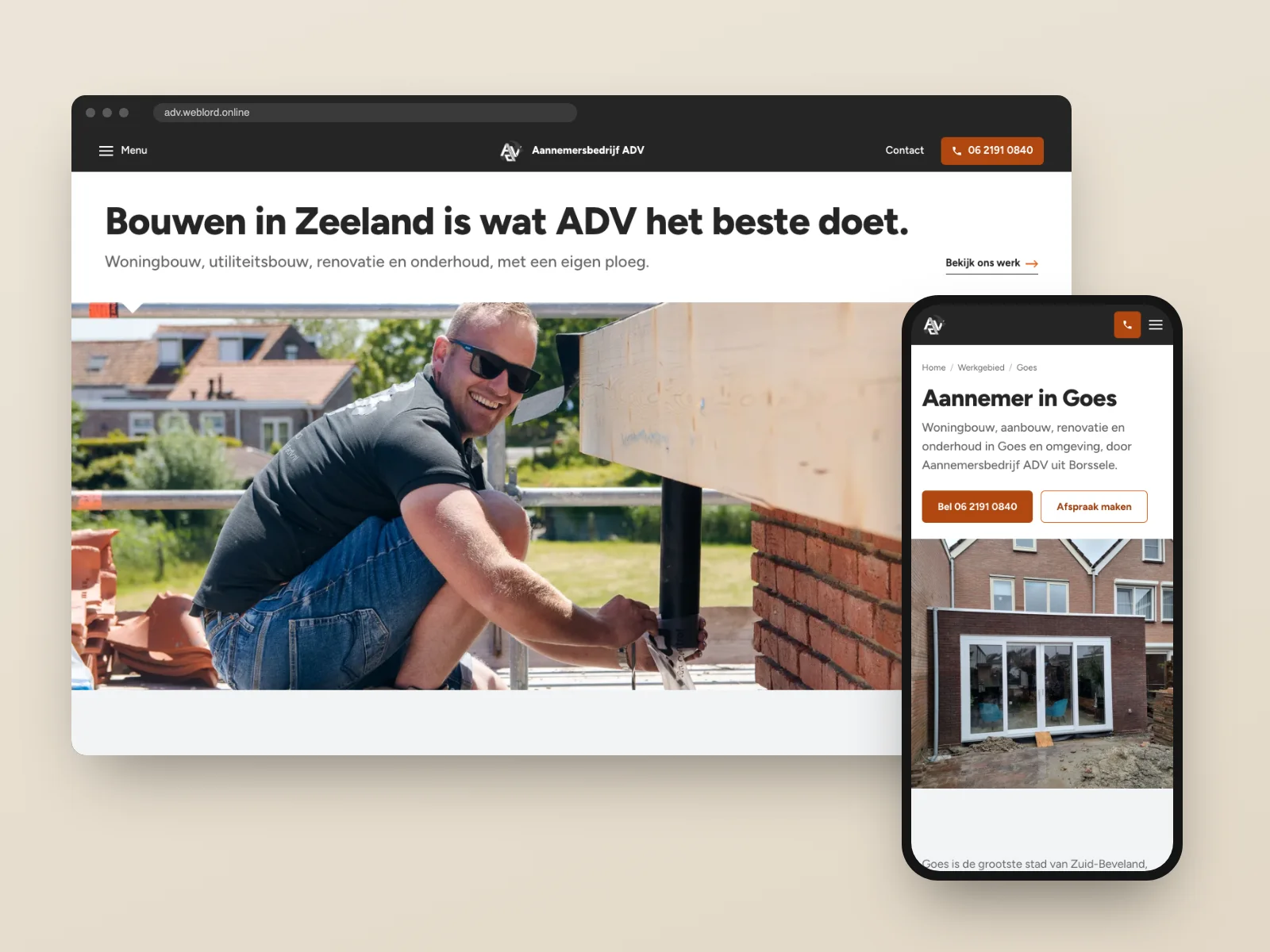 De website van Aannemersbedrijf ADV in een browservenster en op een telefoon.